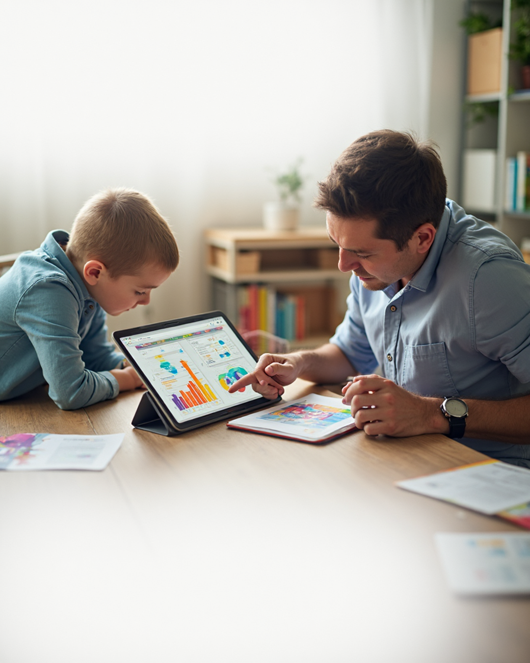 Parent and child reviewing progress on tablet